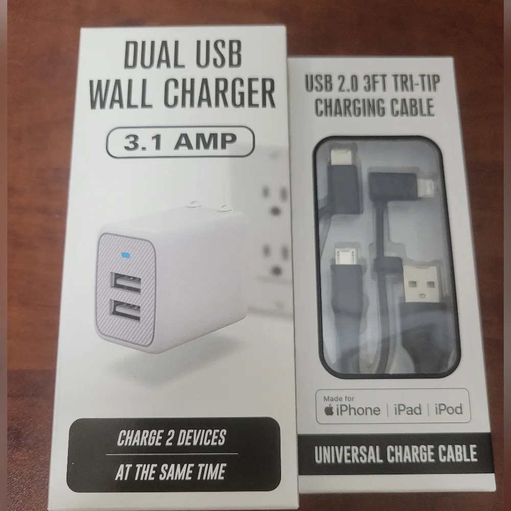 Dual USB Wall Charger & Usb 2.0 3 Ft Tri-tip Charging Cable NIB